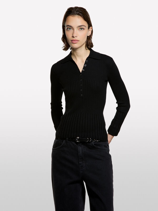 Ribbed knit polo - women's crew neck sweaters | Sisley