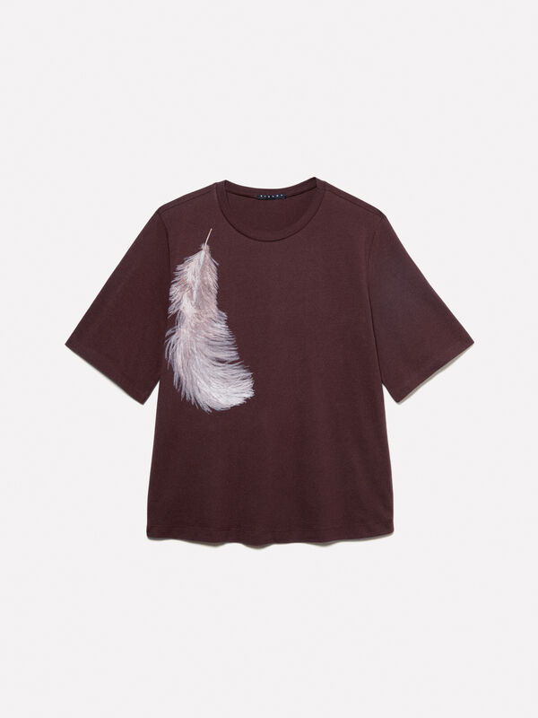 Brown t-shirt with feather print - women's short sleeve t-shirts | Sisley