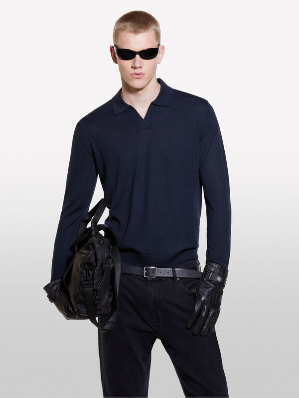 Dark blue knit polo  - men's v-neck sweaters | Sisley