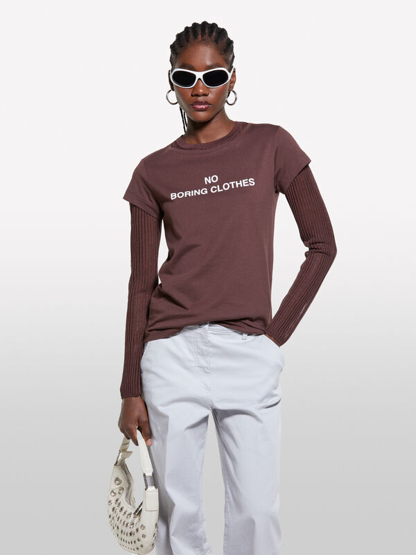 Brown t-shirt with print - women's short sleeve t-shirts | Sisley