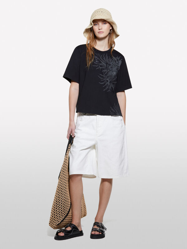 Black t-shirt with marine plant print - women's short sleeve t-shirts | Sisley