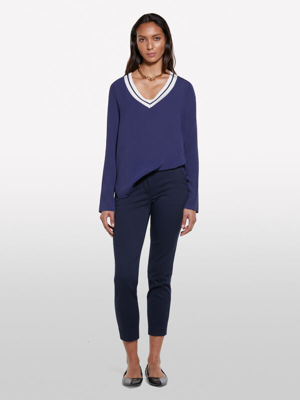 Dark blue blouse with contrasting neckline - women's blouses | Sisley