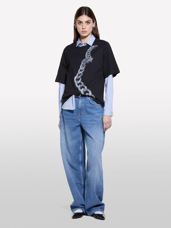 Black t-shirt with chain print - women's short sleeve t-shirts | Sisley