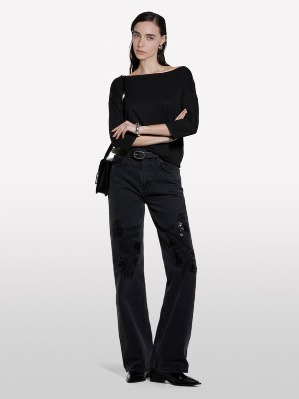 Black t-shirt with boat neck - women's long sleeve t-shirts | Sisley