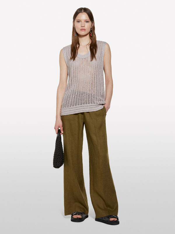 Military green flare fit trousers in 100% linen - women's palazzo trousers | Sisley