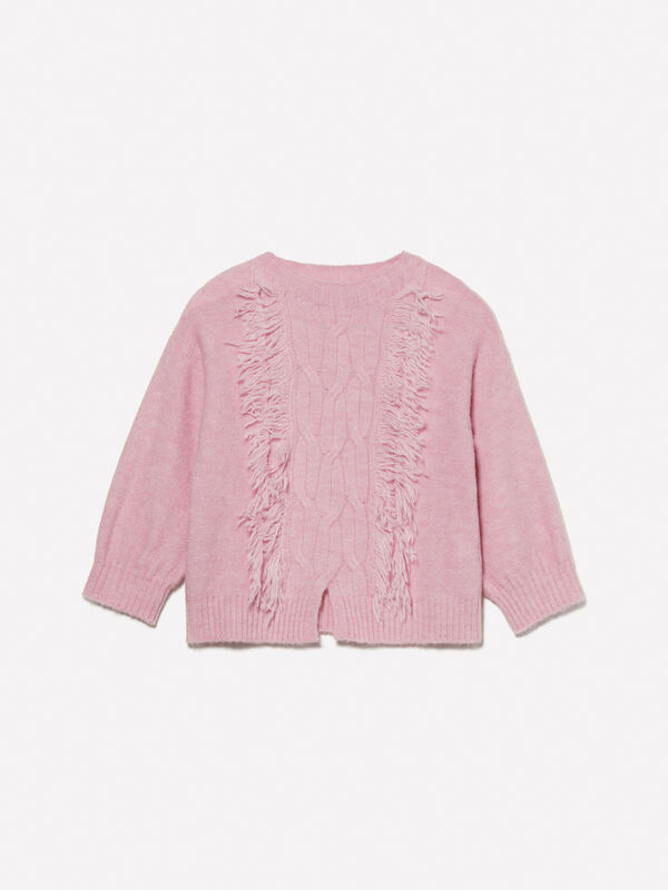 Pink sweater with cable knit and fringes - girls' knitwear | Sisley Young