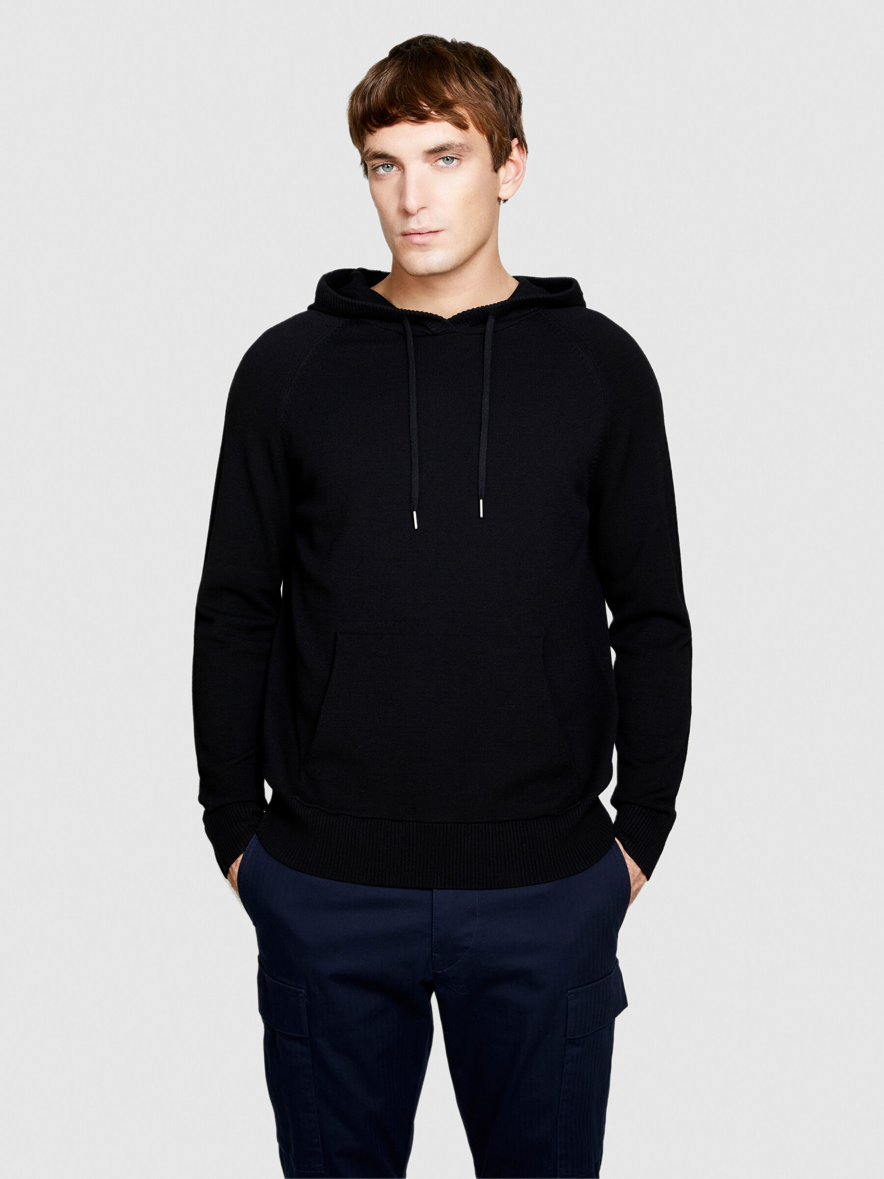 Knitted black hoodie clearance