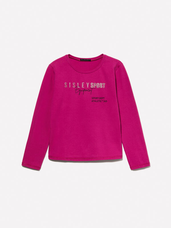 Fuchsia t-shirt with glitter print - girls' long sleeve t-shirts | Sisley Young