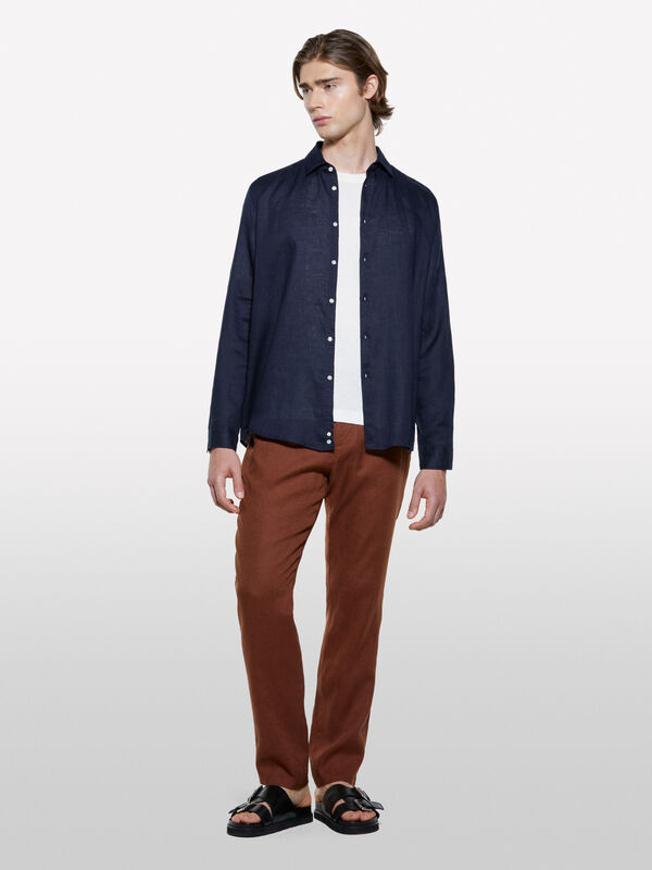 Dark blue 100% linen shirt - men's regular fit shirts | Sisley