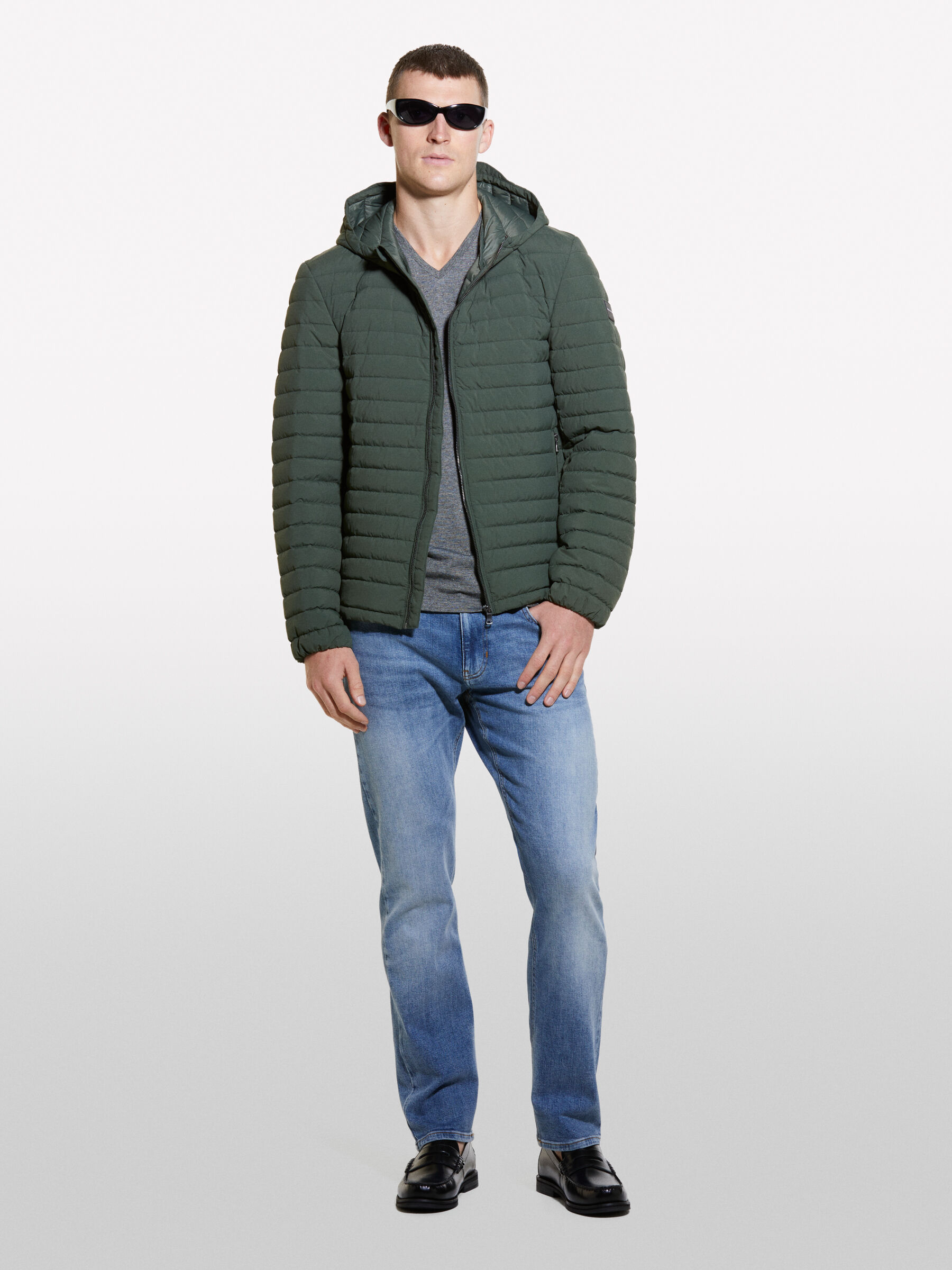 Military green padded jacket with hood, Military Green - Sisley