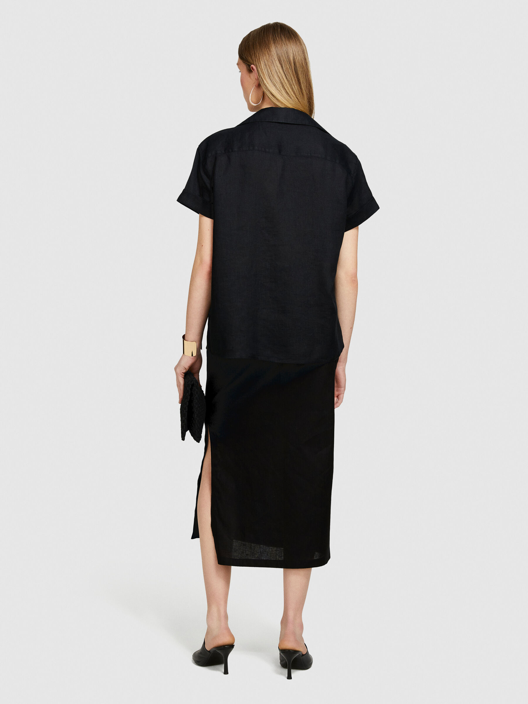 Short sleeve 100% linen shirt, Black - Sisley