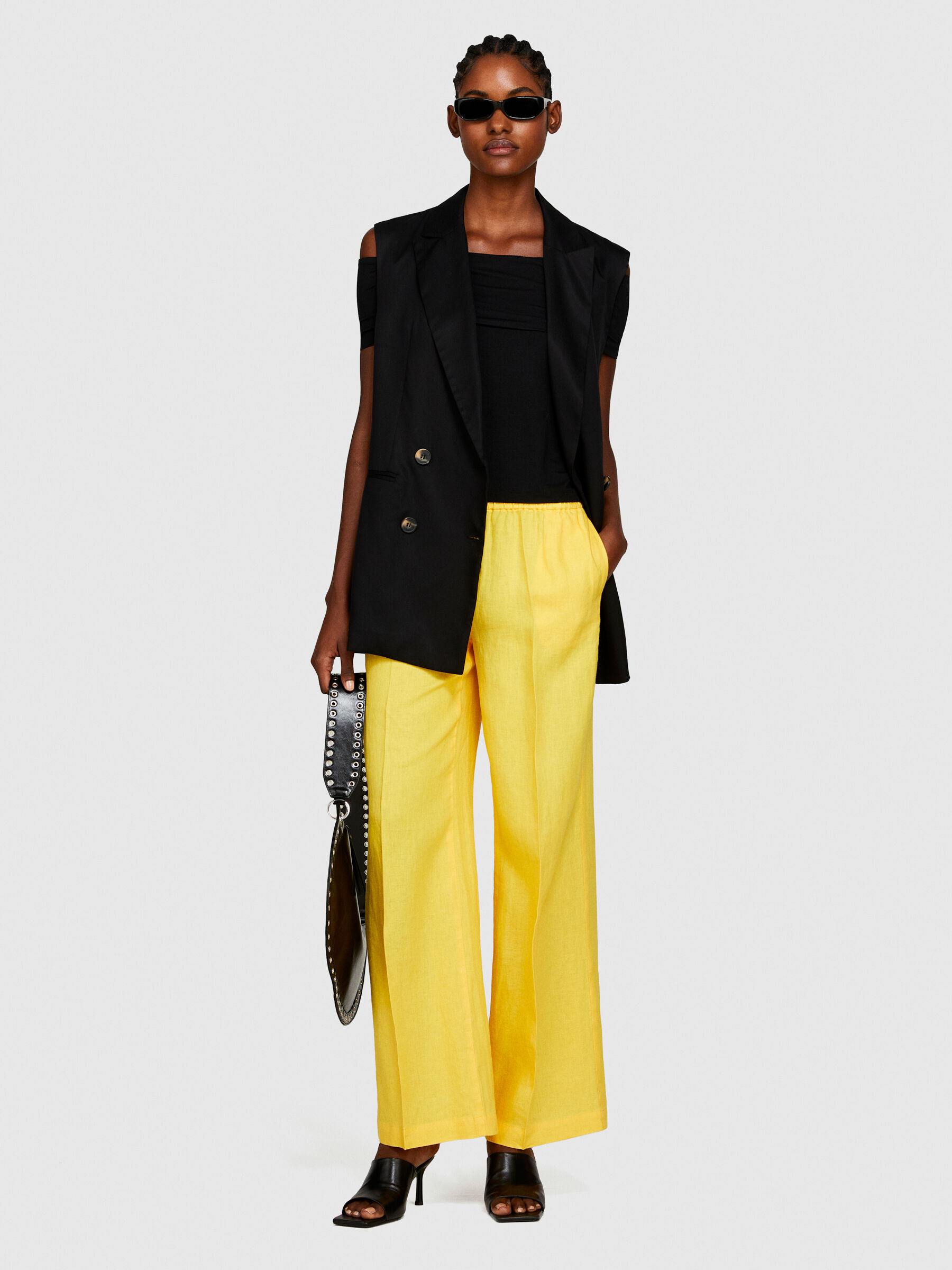 100% linen flare fit trousers, Yellow - Sisley