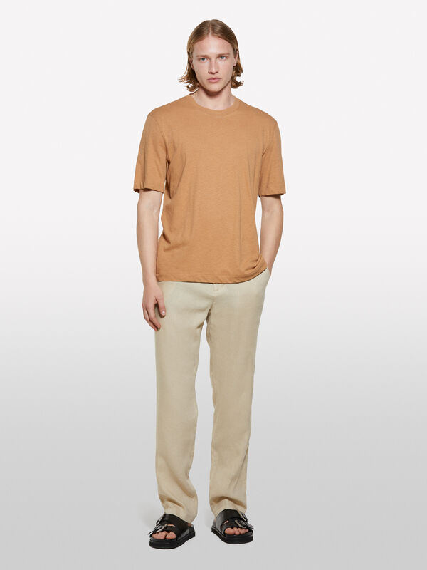 Camel linen blend t-shirt Camel linen blend t-shirt - men's short sleeve t-shirts | Sisley