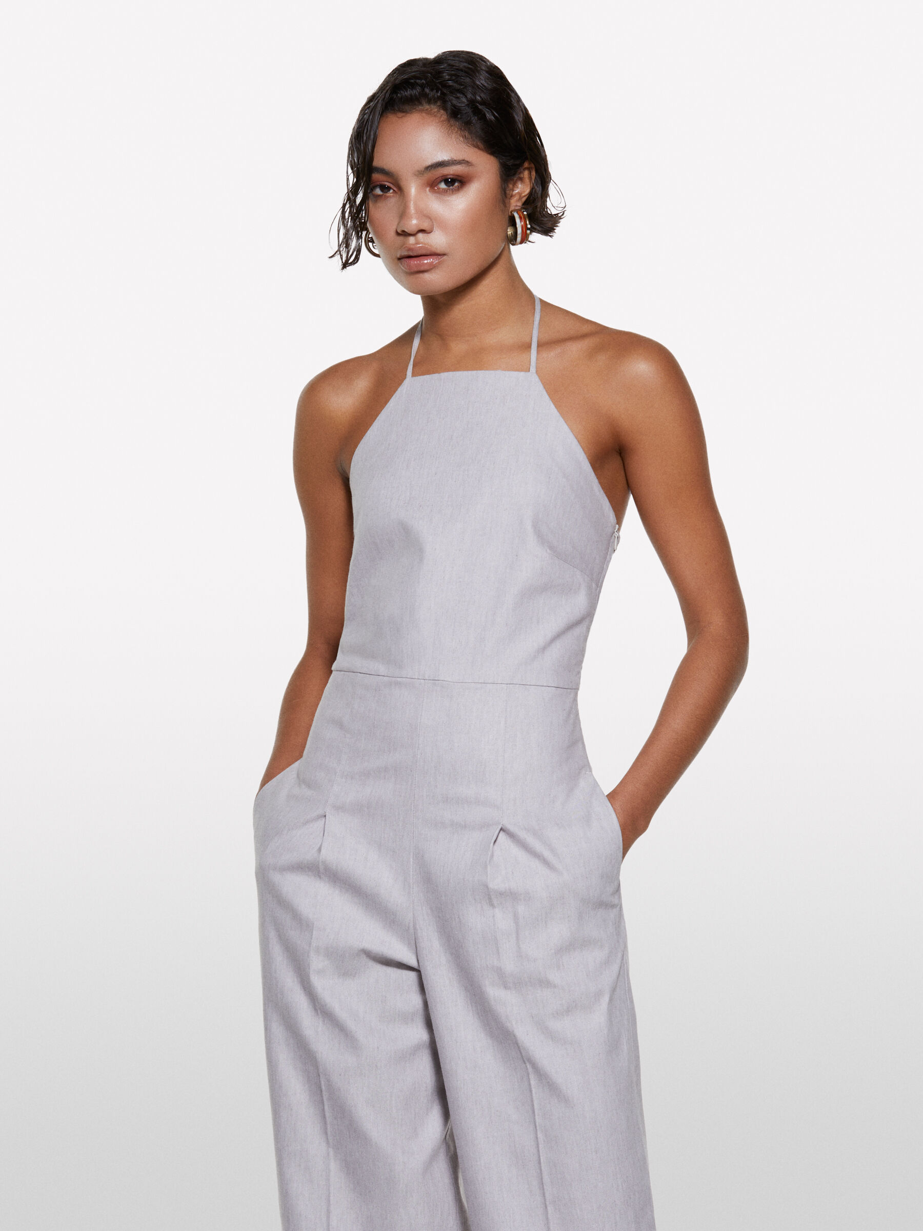 Light gray jumpsuit with halter neck, Light Gray - Sisley