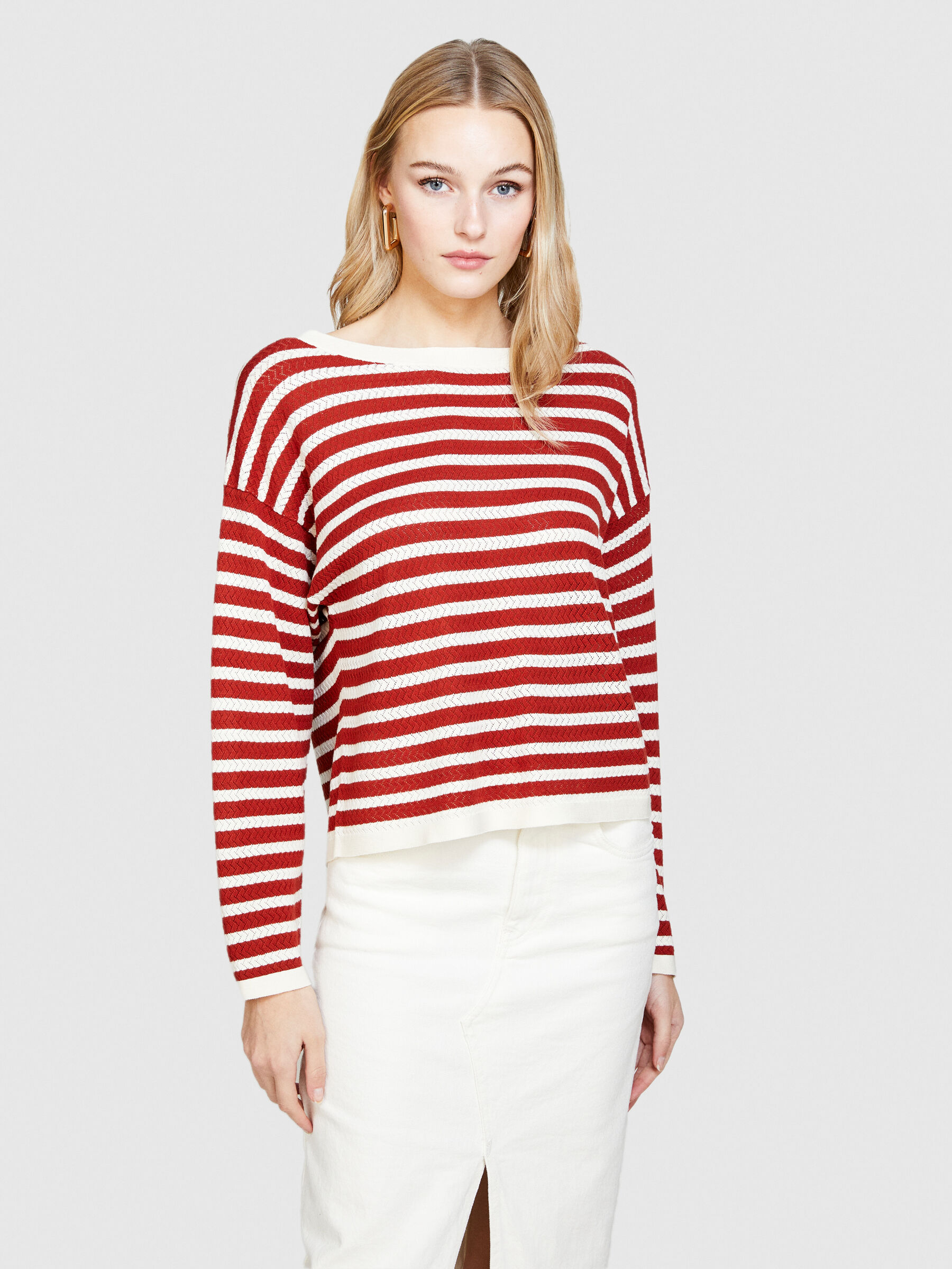 Sweater with two-tone stripes, Red - Sisley