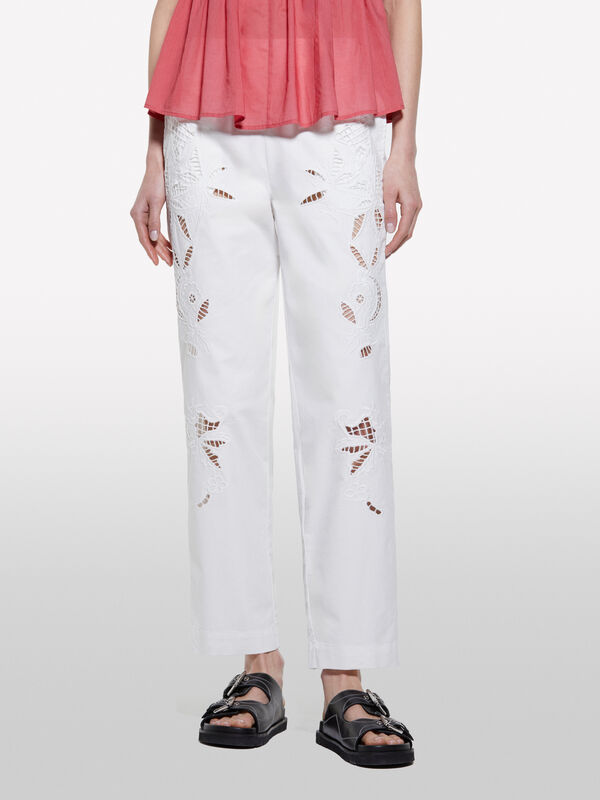 White trousers with embroidery - women's regular fit trousers | Sisley