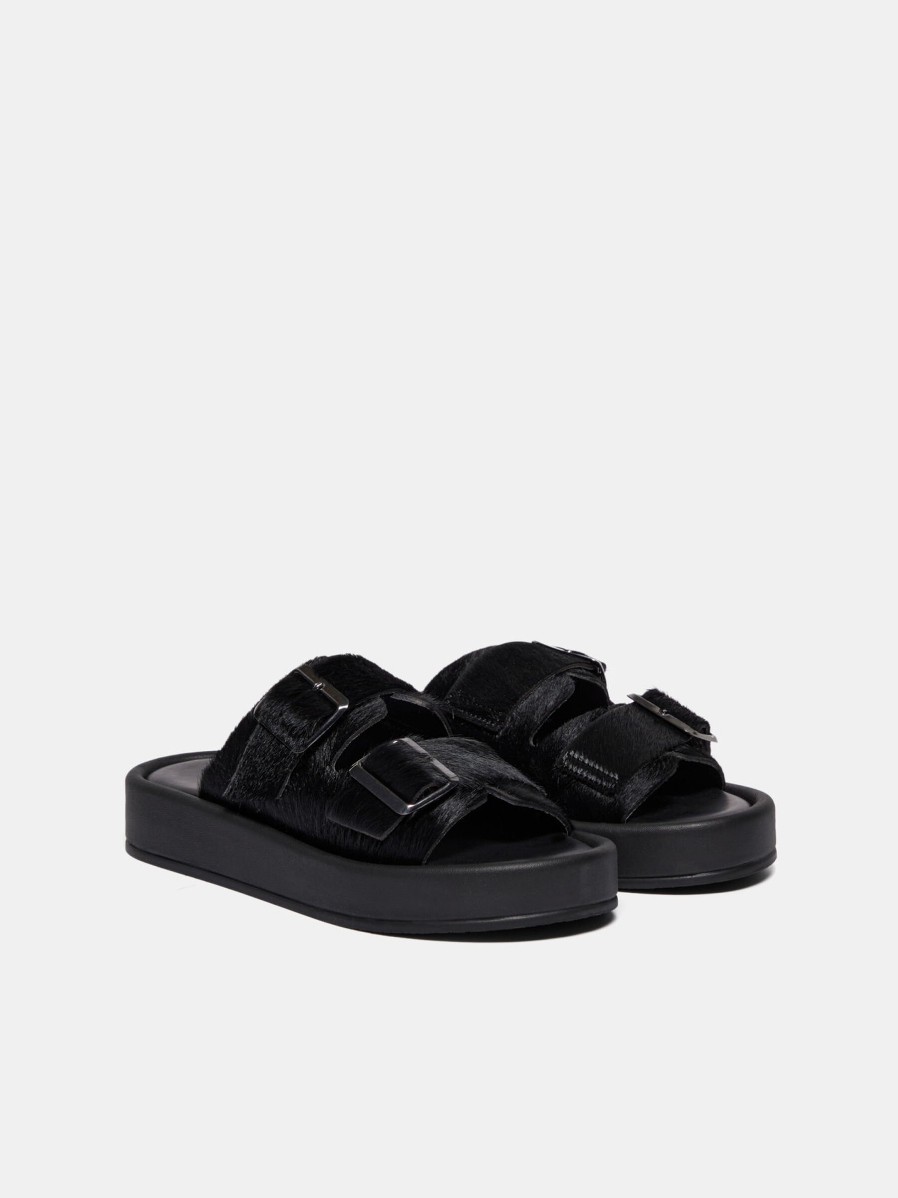 Sandals with calf hair buckles, Black - Sisley
