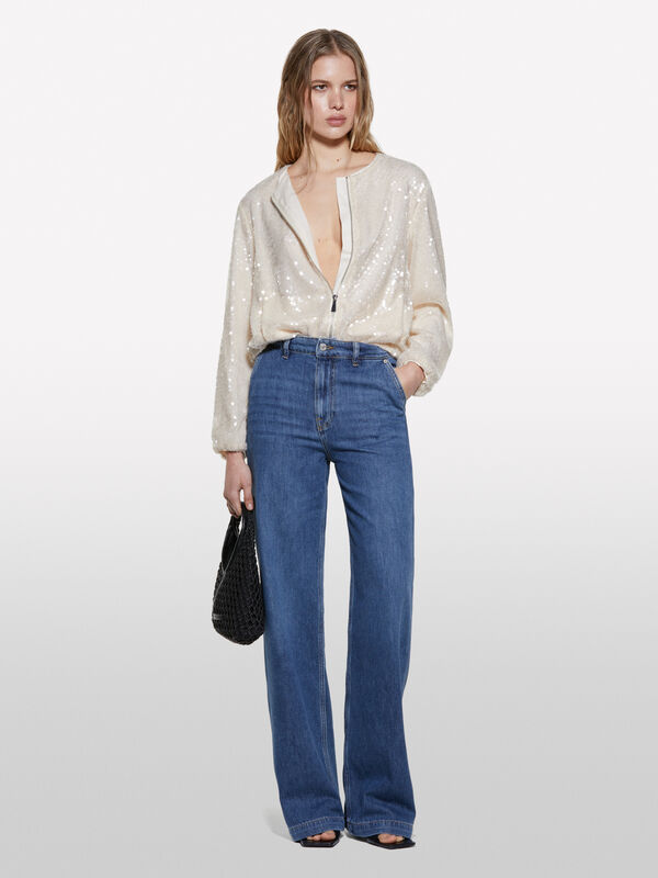 Sand beige bomber with sequins - women's jackets | Sisley
