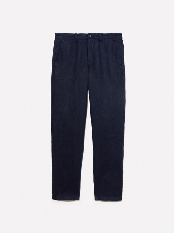 Dark blue 100% linen trousers - men's slim fit trousers | Sisley