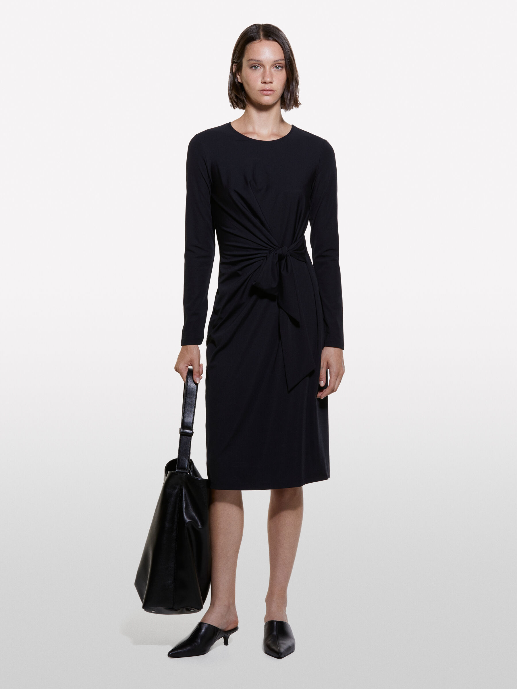 Black midi dress with knot, Black - Sisley