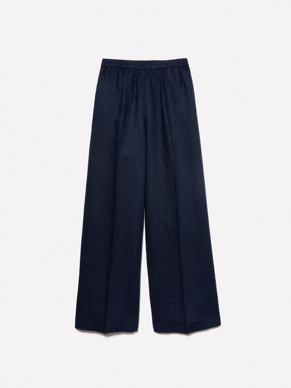 Dark blue flare fit trousers in 100% linen - women's palazzo trousers | Sisley