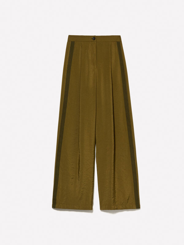 Dark olive green trousers with crinkle look - women's palazzo trousers | Sisley