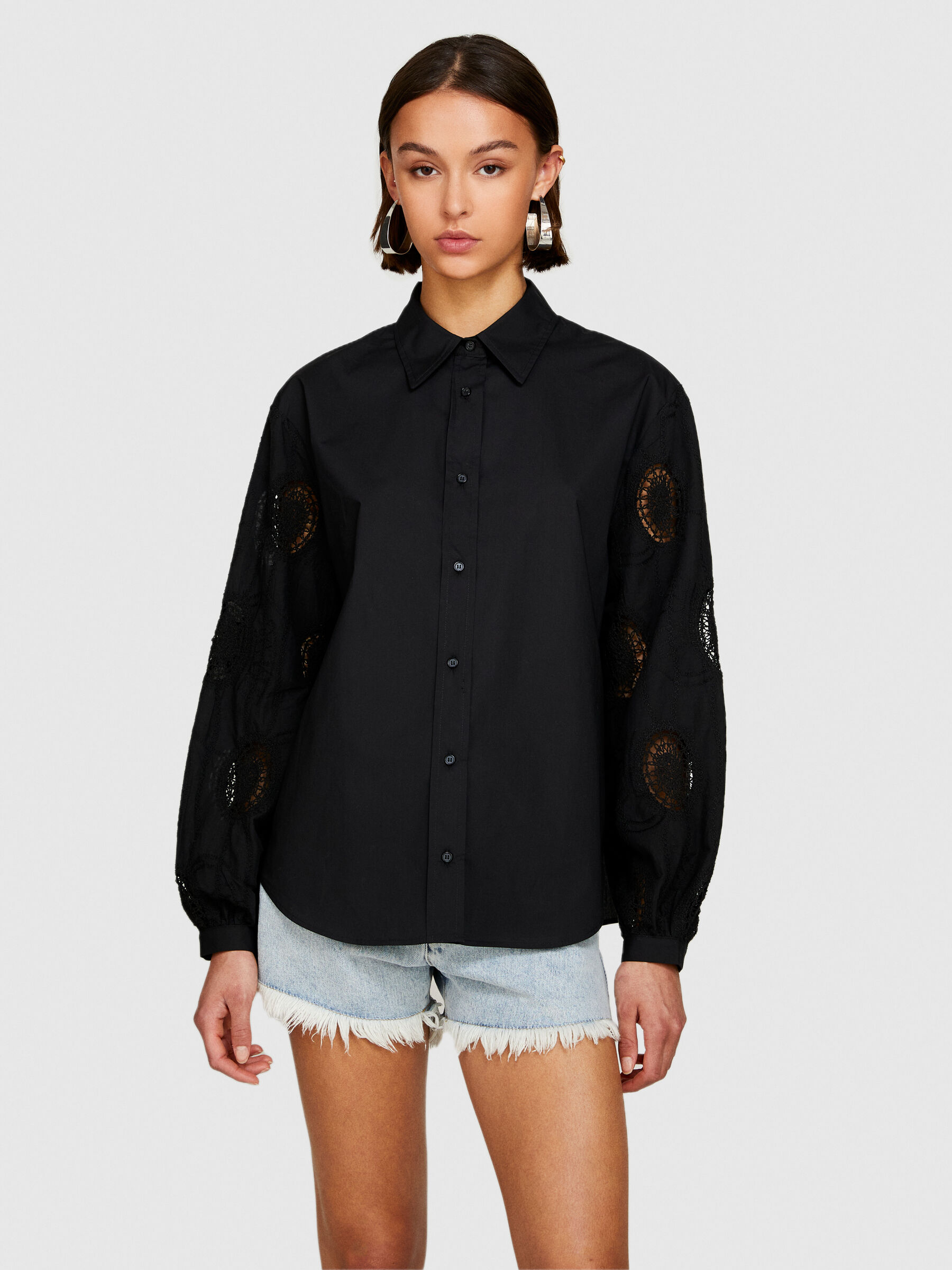 ラインウァンド leinwande marino sleeve black Shirt with embroidered and knotted sleeves, Black - Sisley