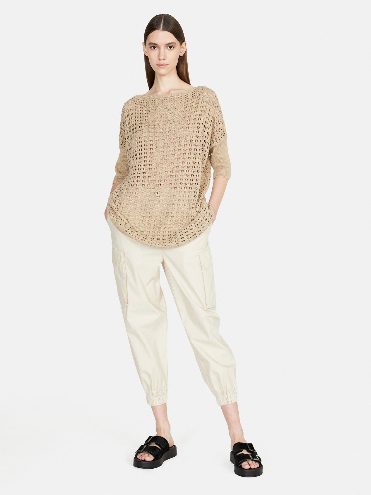 Open-knit oversized sweater, Beige - Sisley