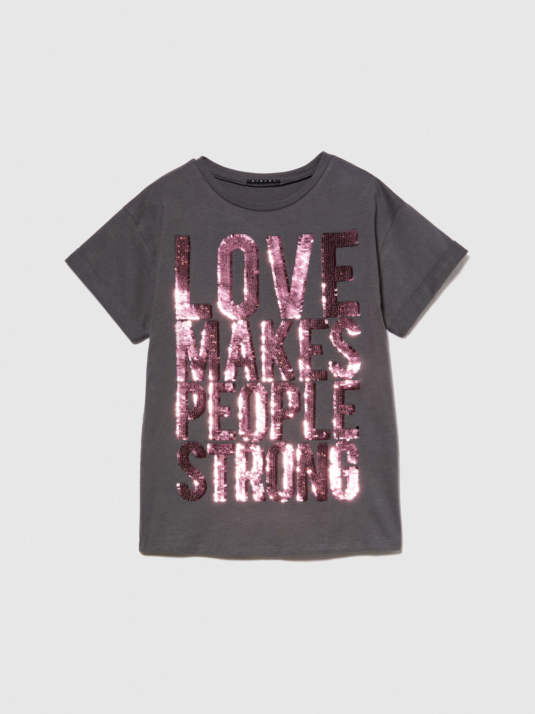 T-shirt with flip-up sequins, Dark Gray - Sisley