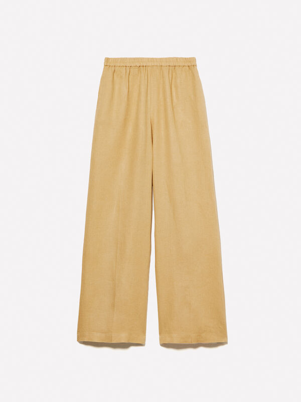 Mustard flare fit trousers in 100% linen - women's palazzo trousers | Sisley