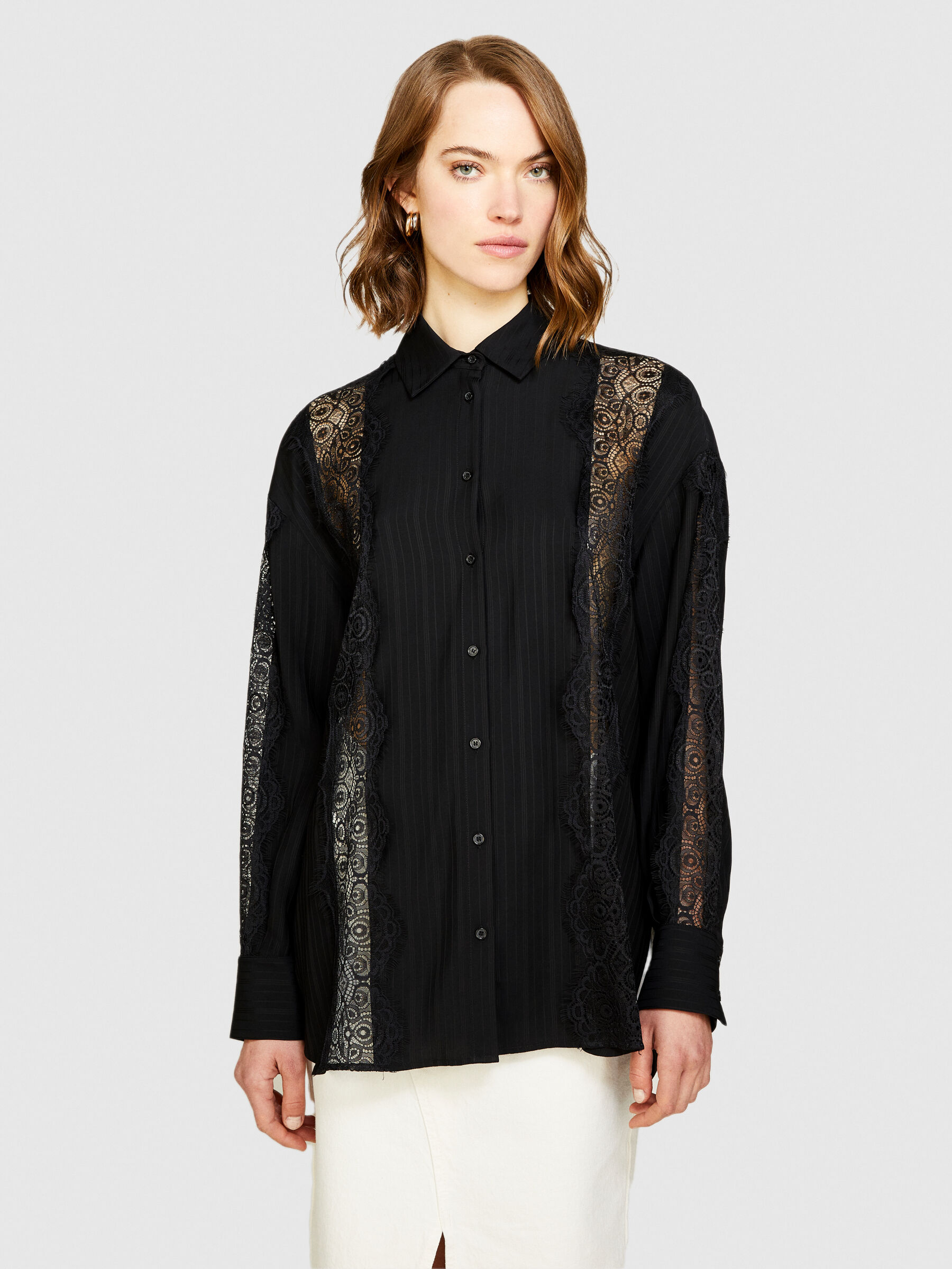 【30％OFF】 Satin shirt Sisley - Black lace, with トップス