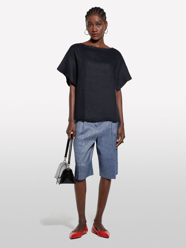 Black blouse in 100% linen - women's blouses | Sisley