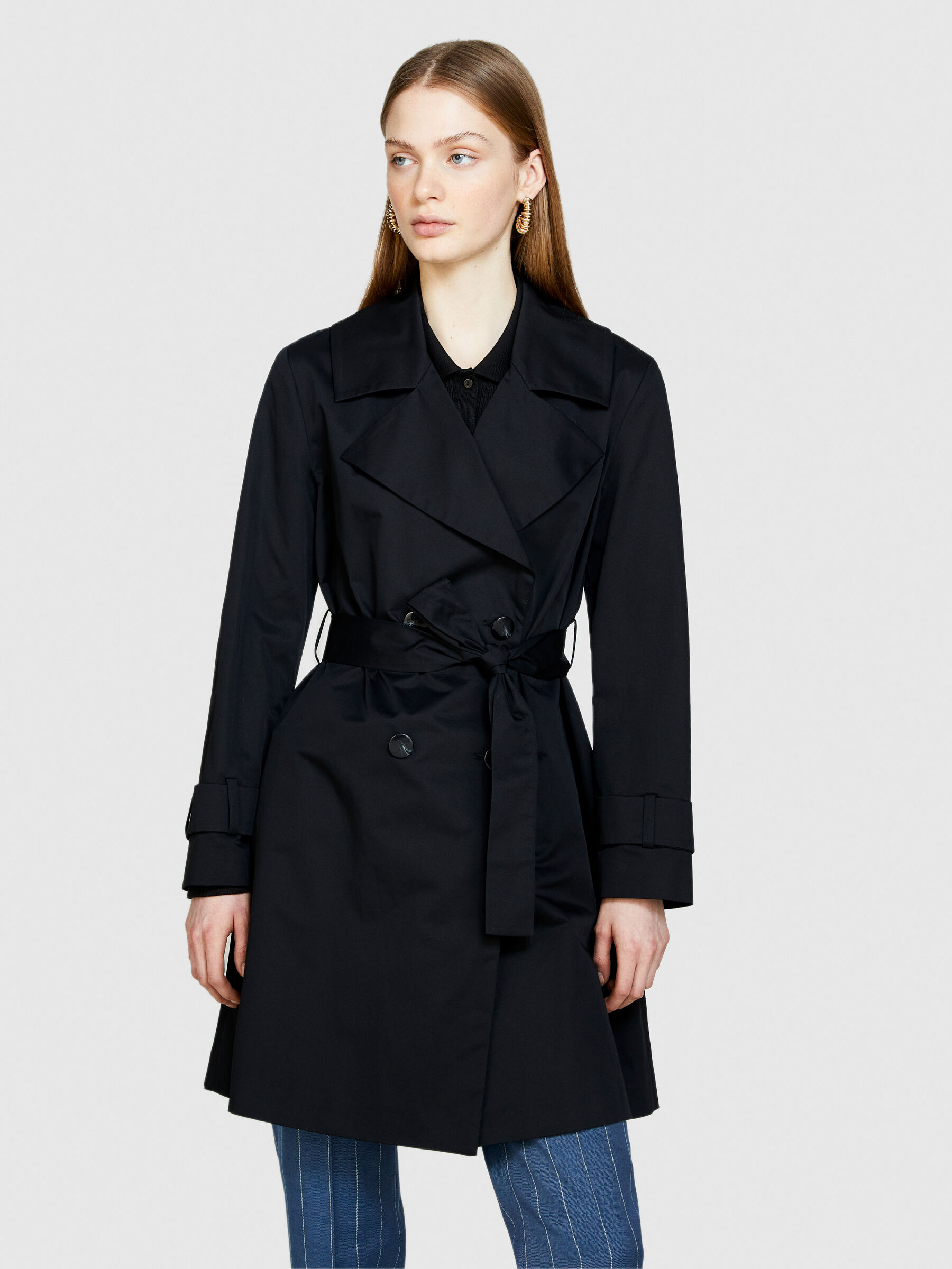 Oversized trench coat with sash, Black - Sisley