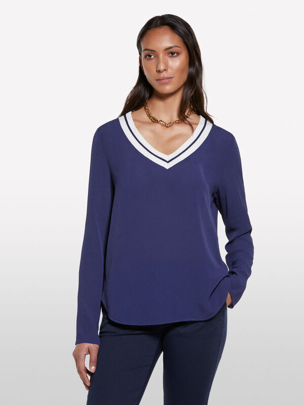 Dark blue blouse with contrasting neckline - women's blouses | Sisley