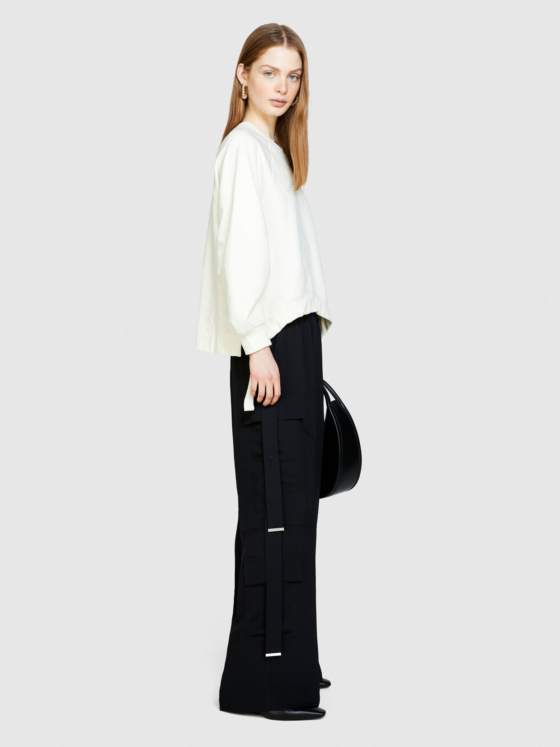 Oversized sweatshirt with drawstring, Creamy White - Sisley