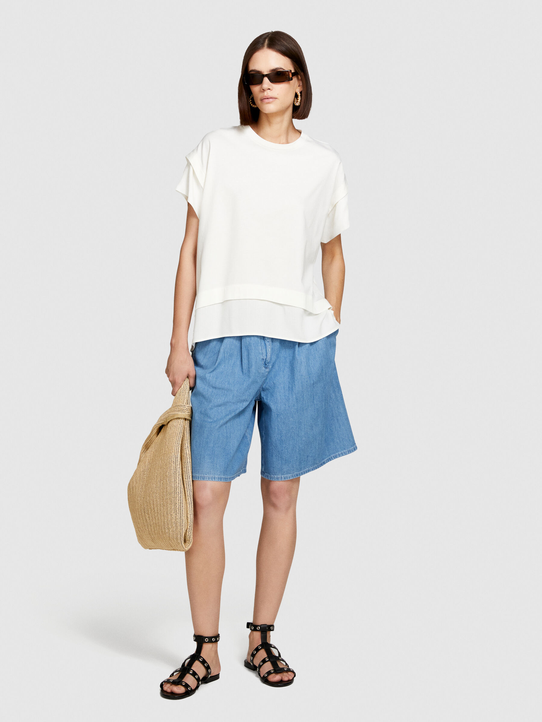 T-shirt with frill, White - Sisley