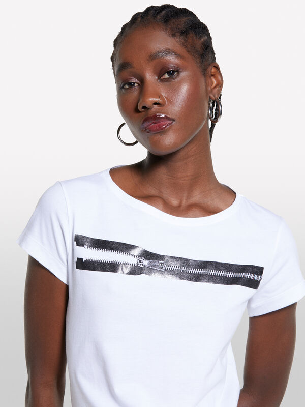 White t-shirt with print - women's short sleeve t-shirts | Sisley