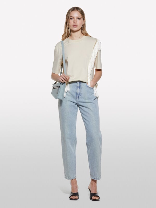 Sand beige t-shirt with fringe Sand beige t-shirt with fringe - women's short sleeve t-shirts | Sisley