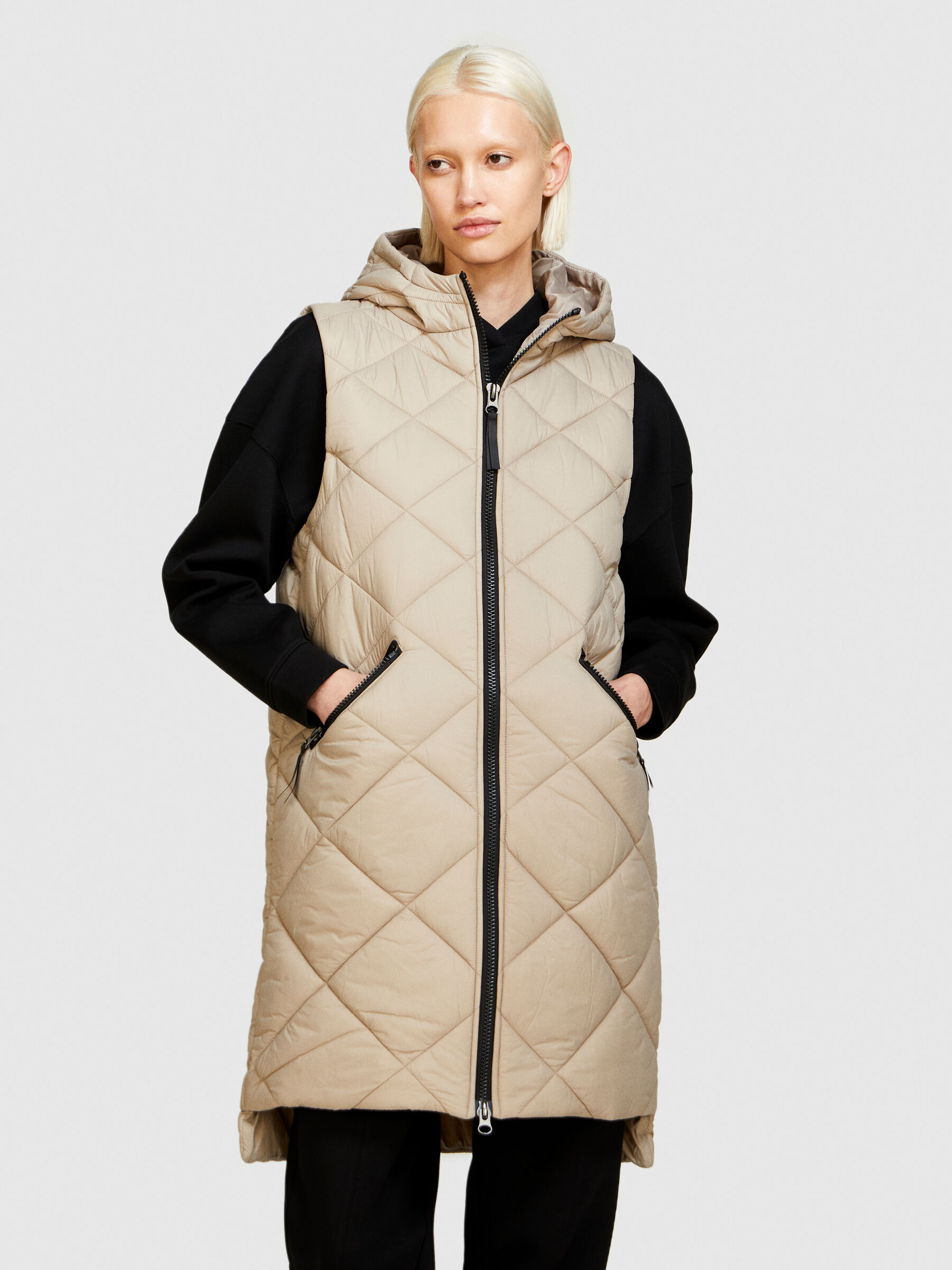 Long vest with hood, Beige - Sisley
