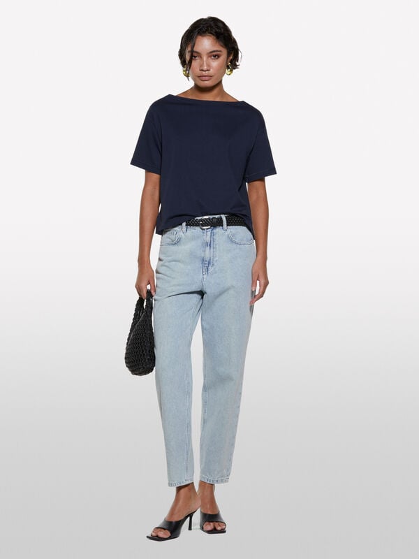 Dark blue boxy fit cropped t-shirt Dark blue boxy fit cropped t-shirt - women's short sleeve t-shirts | Sisley