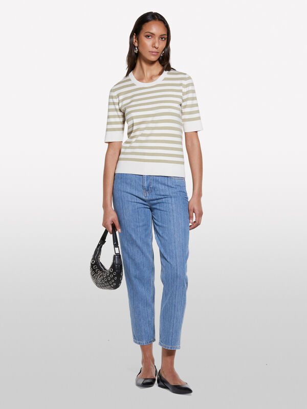 Beige and cream white striped sweater - women's crew neck sweaters | Sisley
