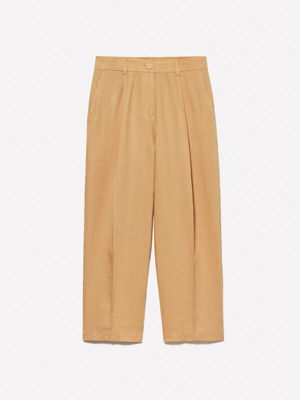 Mustard relaxed fit trousers in 100% linen - women's regular fit trousers | Sisley
