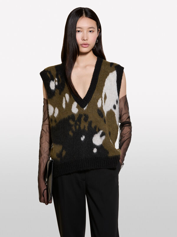 Military green animal print vest - women's v-neck sweaters | Sisley