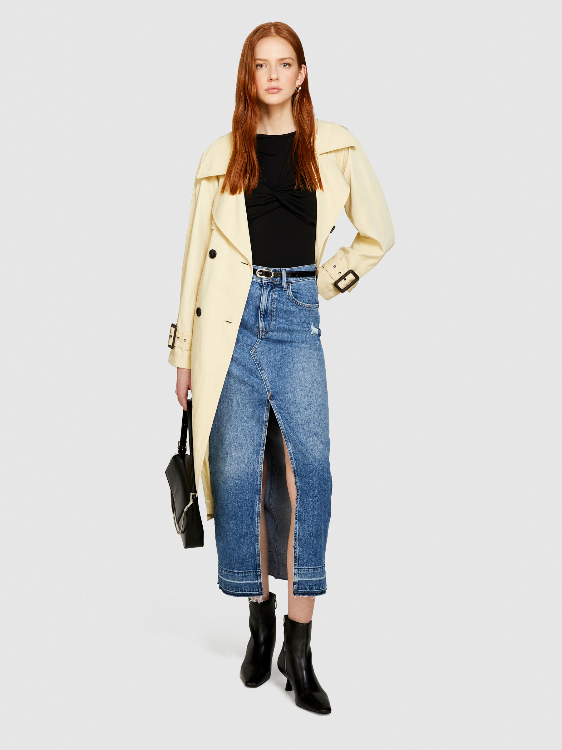 Denim skirt with slit, Blue - Sisley