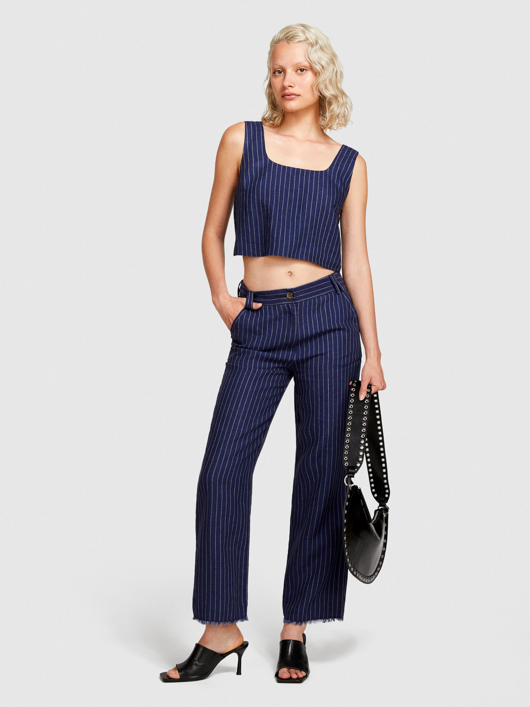 Pinstripe top in 100% linen, Dark Blue - Sisley