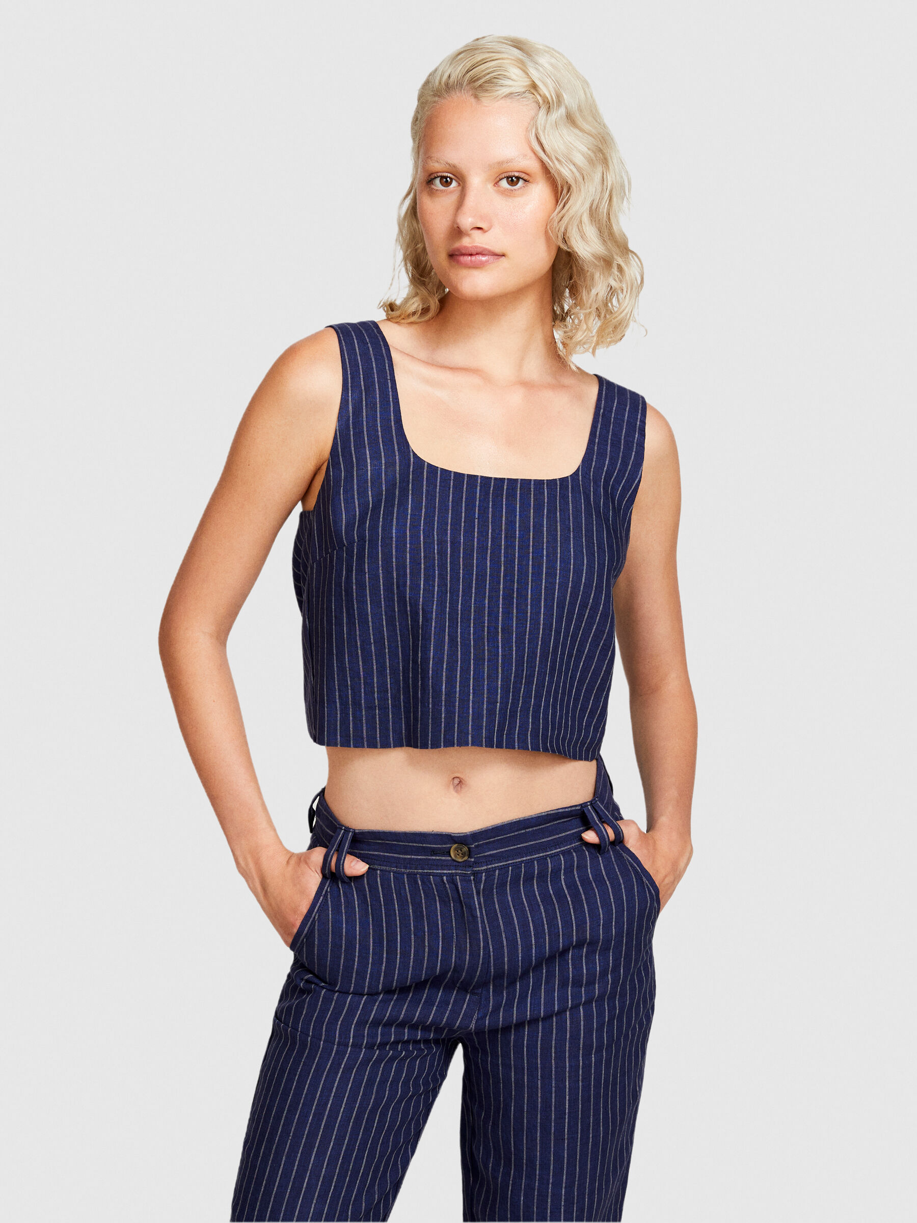 超歓迎された in top Pinstripe 100% Sisley - Blue Dark linen, トップス