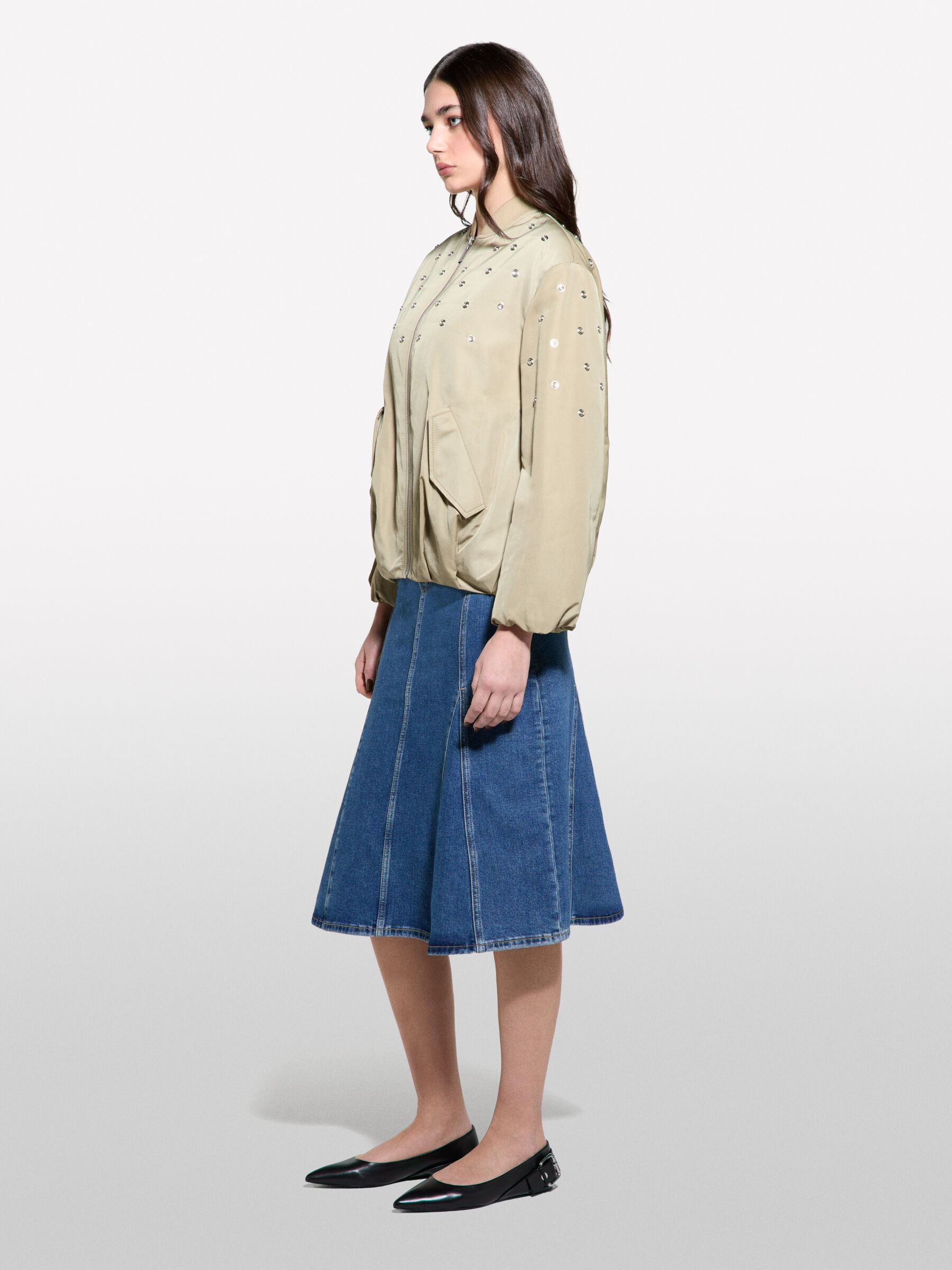 Oversized bomber jacket with studs, Light Green - Sisley