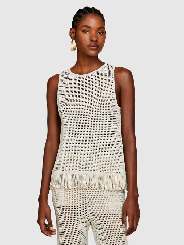 Perforated tank top with fringe - women's tops | Sisley