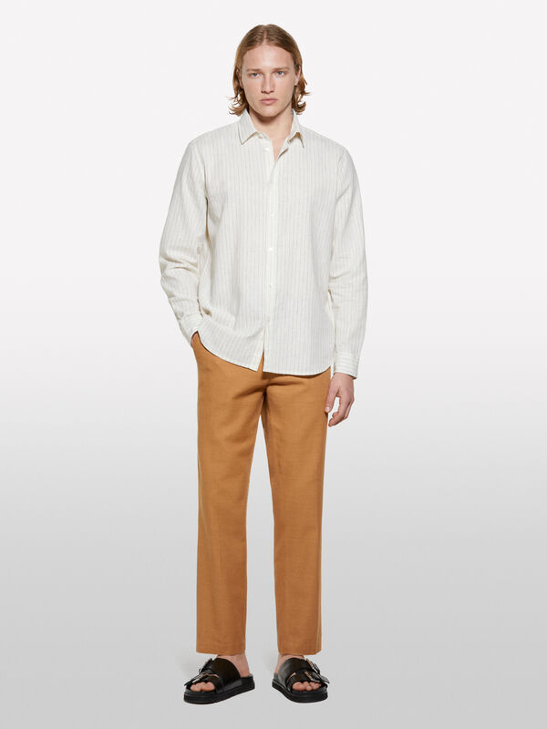 Beige striped linen blend shirt - men's regular fit shirts | Sisley