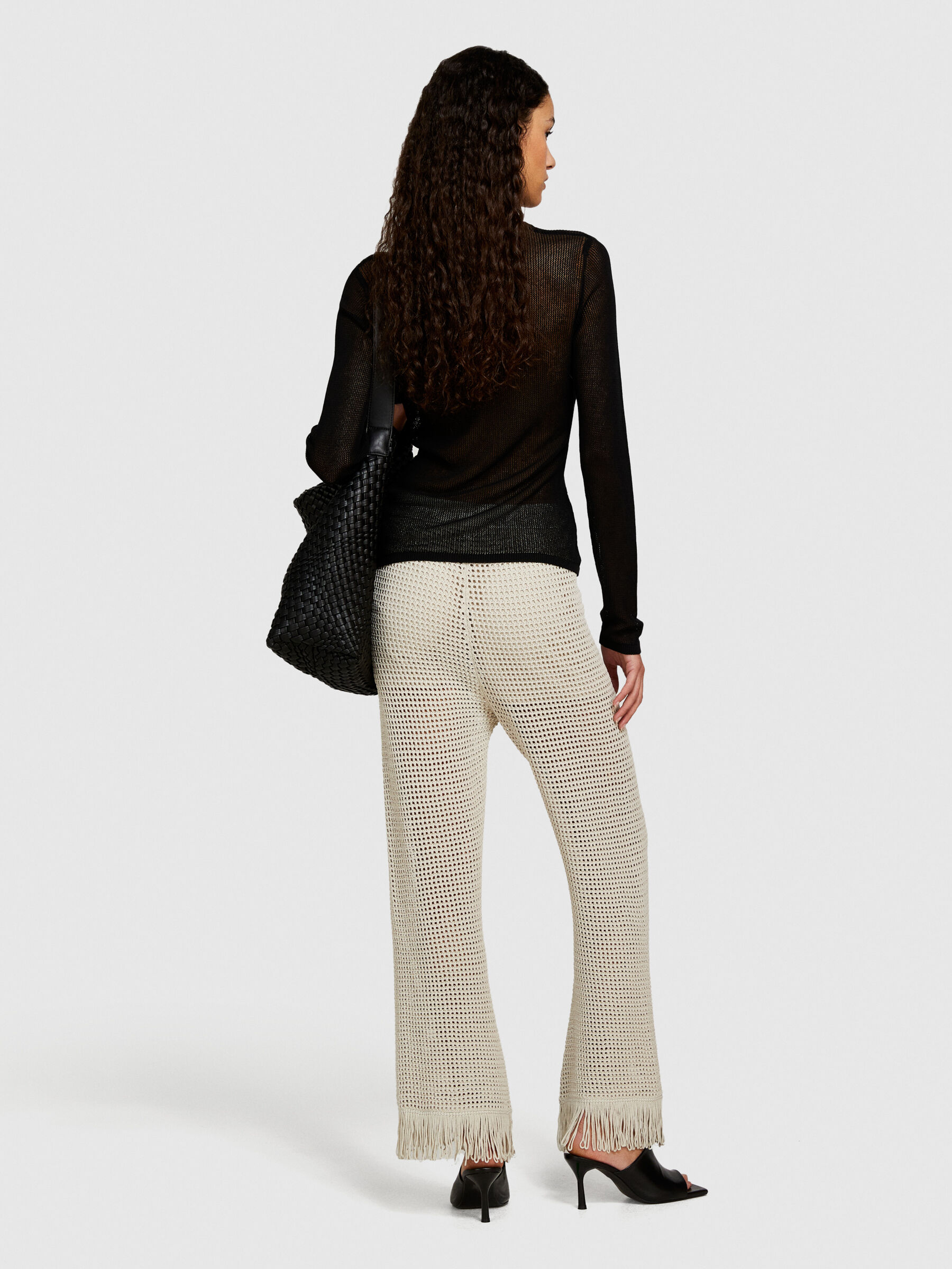 Perforated trousers with fringe, Beige - Sisley